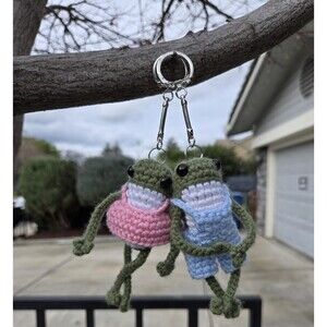 Crochet Frog Couple Keychain Set - Amigurumi Frog Plushies - Pink & Blue Outfits